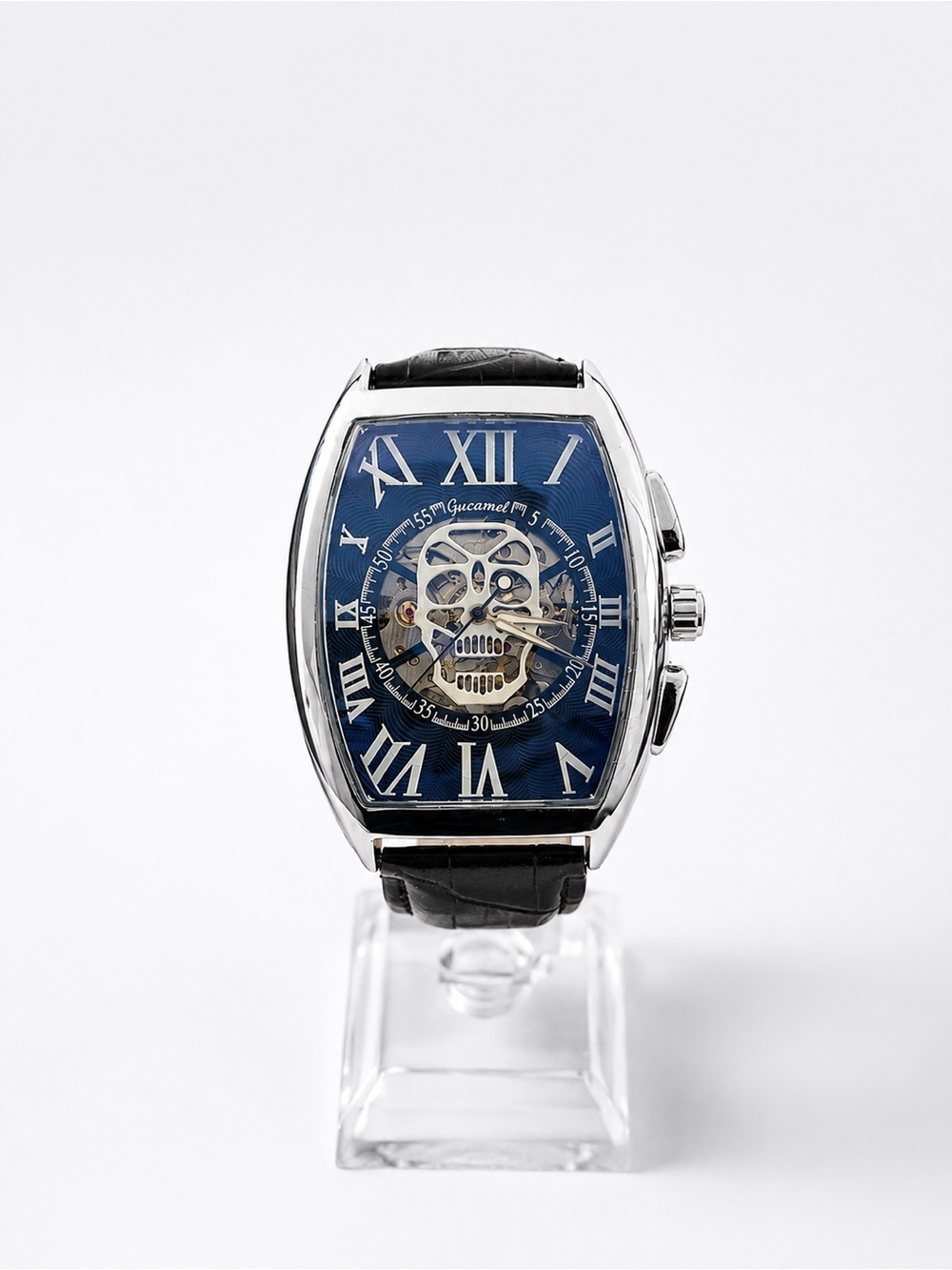 Men’s Blue Skull Skeleton Tonneau Watch Black Strap